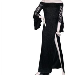 VFShow Lace Formal Dress Size M Black Fitted Off Shoulders Draped Bell S…